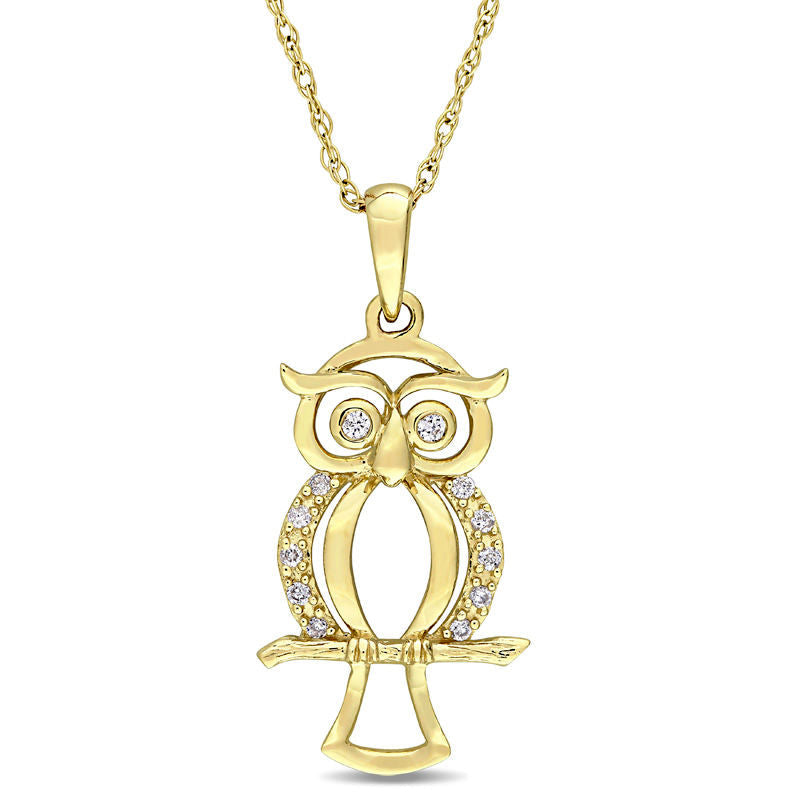 Natural Diamond Accent Owl Pendant in 10K Yellow Gold - 17