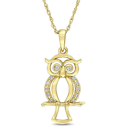 Natural Diamond Accent Owl Pendant in 10K Yellow Gold - 17