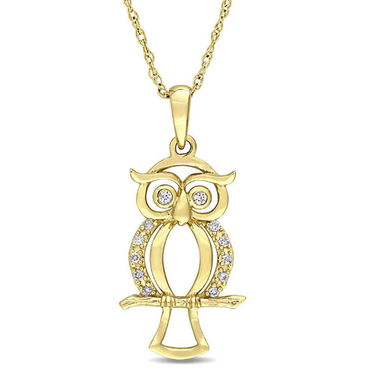 Natural Diamond Accent Owl Pendant in 10K Yellow Gold - 17