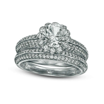 7.0mm Lab-Created White Sapphire Scallop Frame Bridal Engagement Ring Set in Sterling Silver