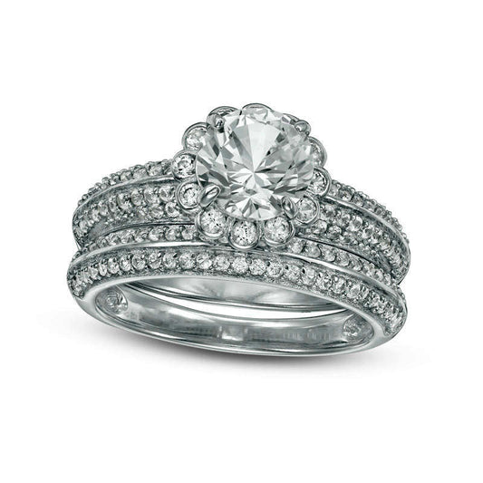 7.0mm Lab-Created White Sapphire Scallop Frame Bridal Engagement Ring Set in Sterling Silver