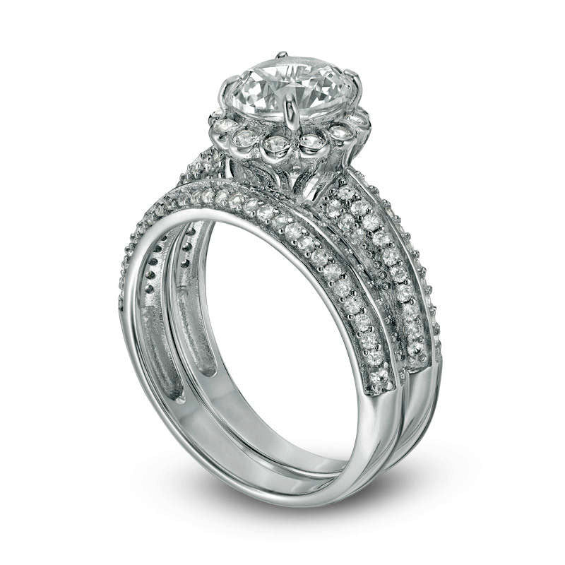7.0mm Lab-Created White Sapphire Scallop Frame Bridal Engagement Ring Set in Sterling Silver