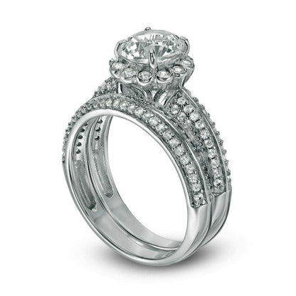 7.0mm Lab-Created White Sapphire Scallop Frame Bridal Engagement Ring Set in Sterling Silver