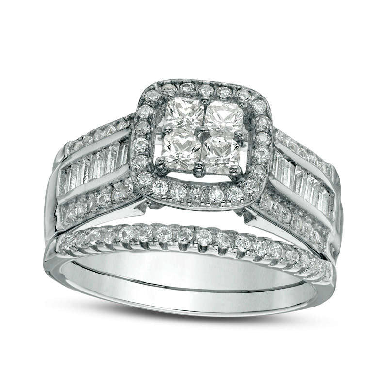Quad Princess-Cut Lab-Created White Sapphire Frame Bridal Engagement Ring Set in Sterling Silver