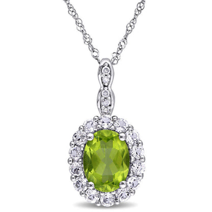 Oval Peridot, White Topaz and Natural Diamond Accent Frame Pendant in 14K White Gold - 17