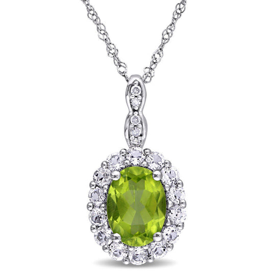 Oval Peridot, White Topaz and Natural Diamond Accent Frame Pendant in 14K White Gold - 17