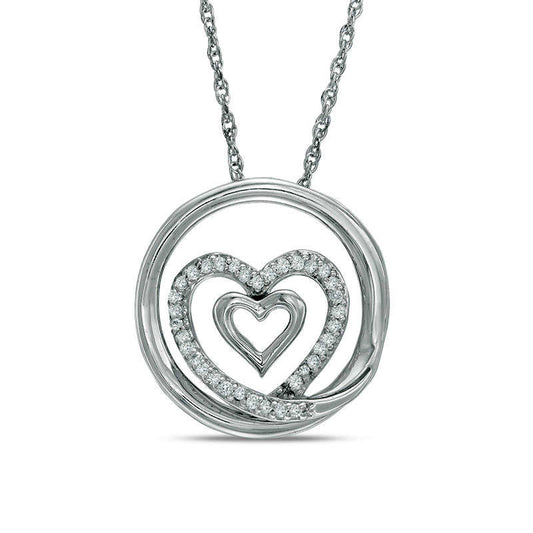 0.13 CT. T.W. Natural Diamond Double Heart Circle Pendant in Sterling Silver