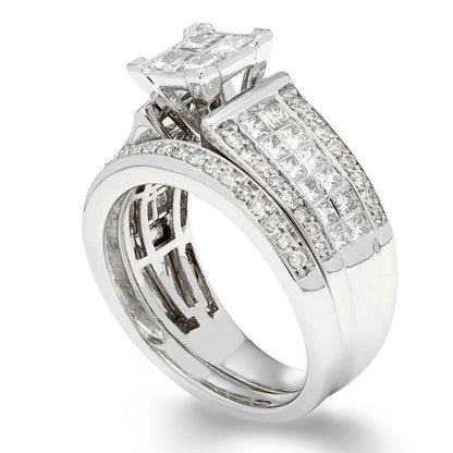 1.5 CT. T.W. Certified Quad Princess-Cut Natural Diamond Frame Bridal Engagement Ring Set in Solid 14K White Gold (I/I1)