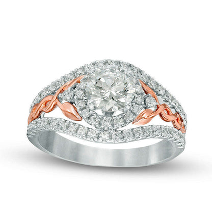 1.63 CT. T.W. Natural Diamond Frame Twist Vine Shank Engagement Ring in Solid 14K Two-Tone Gold
