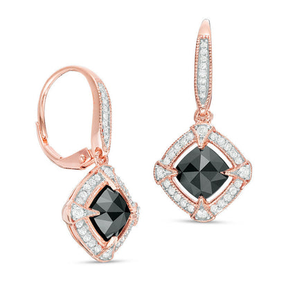 2.38 CT. T.W. Cushion-Cut Enhanced Black and White Diamond Frame Vintage-Style Drop Earrings in 10K Rose Gold