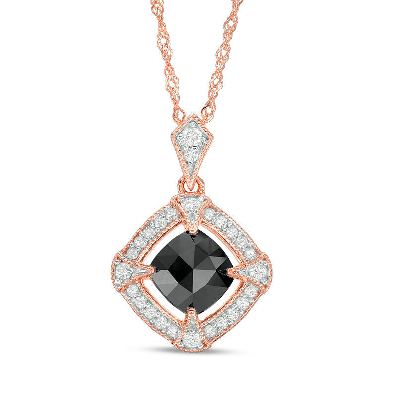 1.13 CT. T.W. Cushion-Cut Enhanced Black and White Natural Diamond Frame Antique Vintage-Style Pendant in 10K Rose Gold - 17