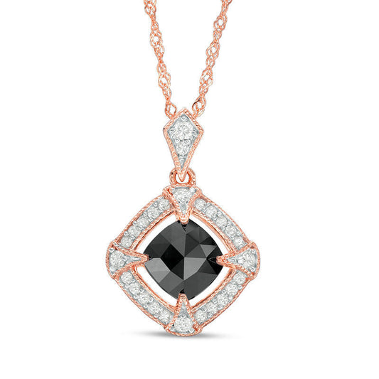 1.13 CT. T.W. Cushion-Cut Enhanced Black and White Natural Diamond Frame Antique Vintage-Style Pendant in 10K Rose Gold - 17