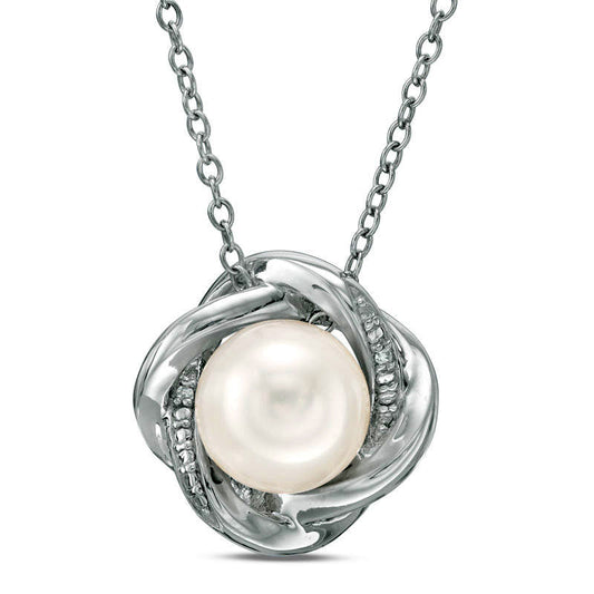 8.0mm Cultured Freshwater Pearl and Lab-Created White Sapphire Love Knot Pendant in Sterling Silver