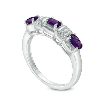 Sideways Oval Amethyst and Natural Diamond Accent Three Stone Station Ring in Sterling Silver