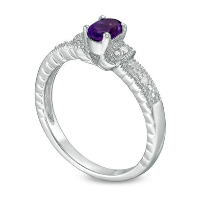 Oval Amethyst and Natural Diamond Accent Collar Antique Vintage-Style Ring in Sterling Silver