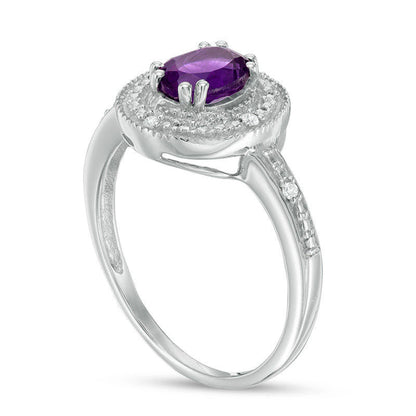 Oval Amethyst and Natural Diamond Accent Frame Antique Vintage-Style Ring in Sterling Silver