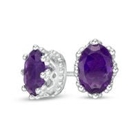 Oval Amethyst Solitaire Crown Stud Earrings in Sterling Silver