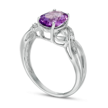 Oval Amethyst and Natural Diamond Accent Twist Ring in Sterling Silver