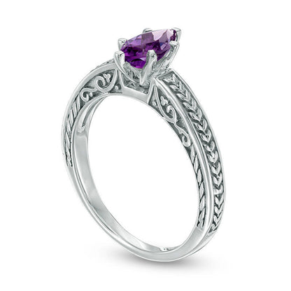Marquise Amethyst Leaf Shank Ring in Sterling Silver