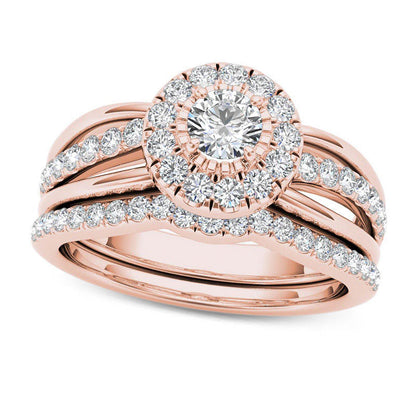 0.75 CT. T.W. Natural Diamond Frame Bridal Engagement Ring Set in Solid 14K Rose Gold