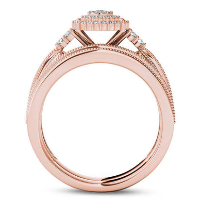 0.50 CT. T.W. Natural Diamond Triple Frame Tri-Sides Antique Vintage-Style Bridal Engagement Ring Set in Solid 10K Rose Gold
