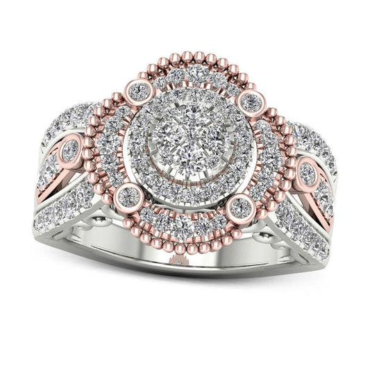 1.0 CT. T.W. Composite Natural Diamond Double Frame Antique Vintage-Style Engagement Ring in Solid 14K Two-Tone Gold