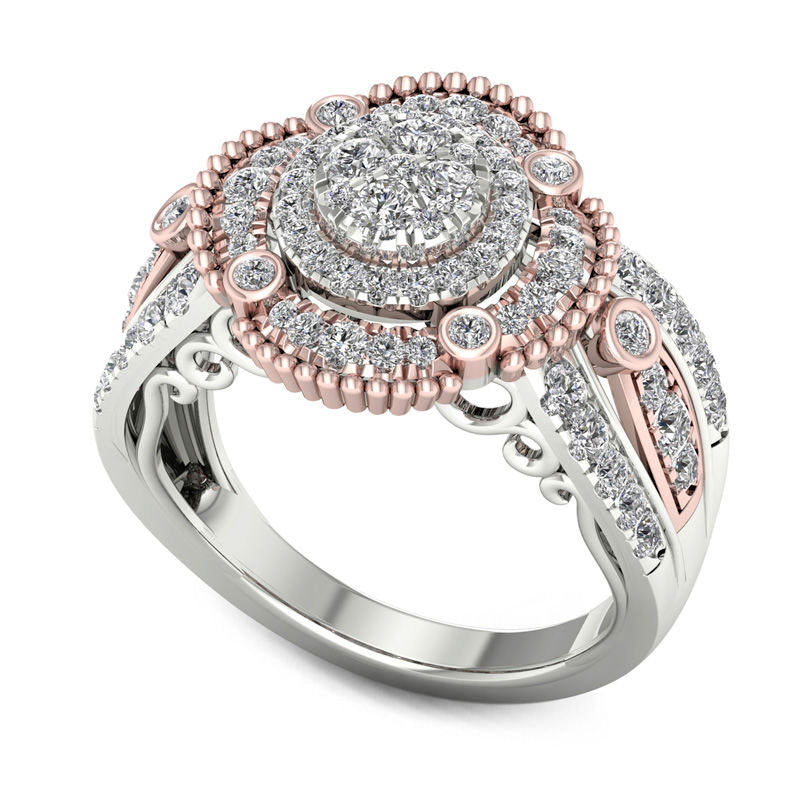 1.0 CT. T.W. Composite Natural Diamond Double Frame Antique Vintage-Style Engagement Ring in Solid 14K Two-Tone Gold