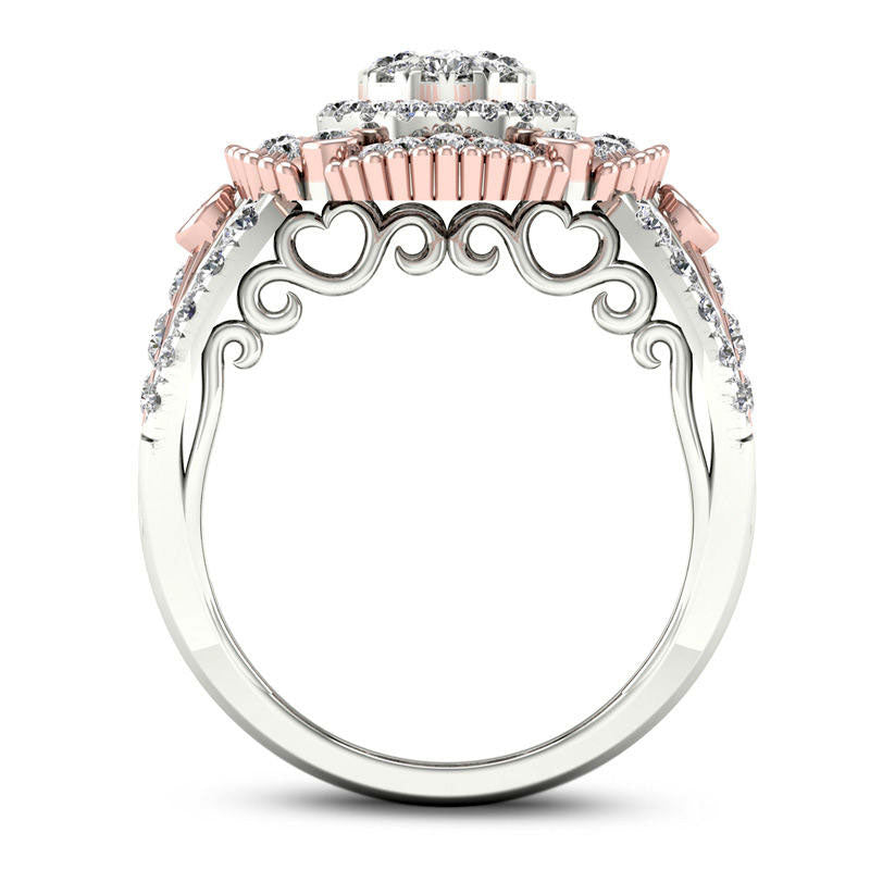 1.0 CT. T.W. Composite Natural Diamond Double Frame Antique Vintage-Style Engagement Ring in Solid 14K Two-Tone Gold