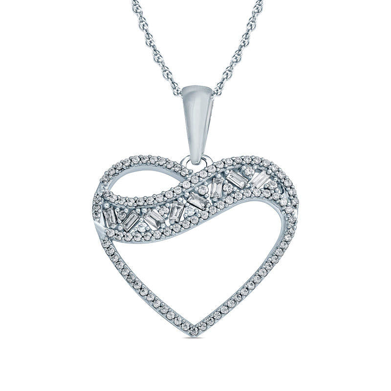 0.33 CT. T.W. Baguette and Round Natural Diamond Heart Pendant in 10K White Gold