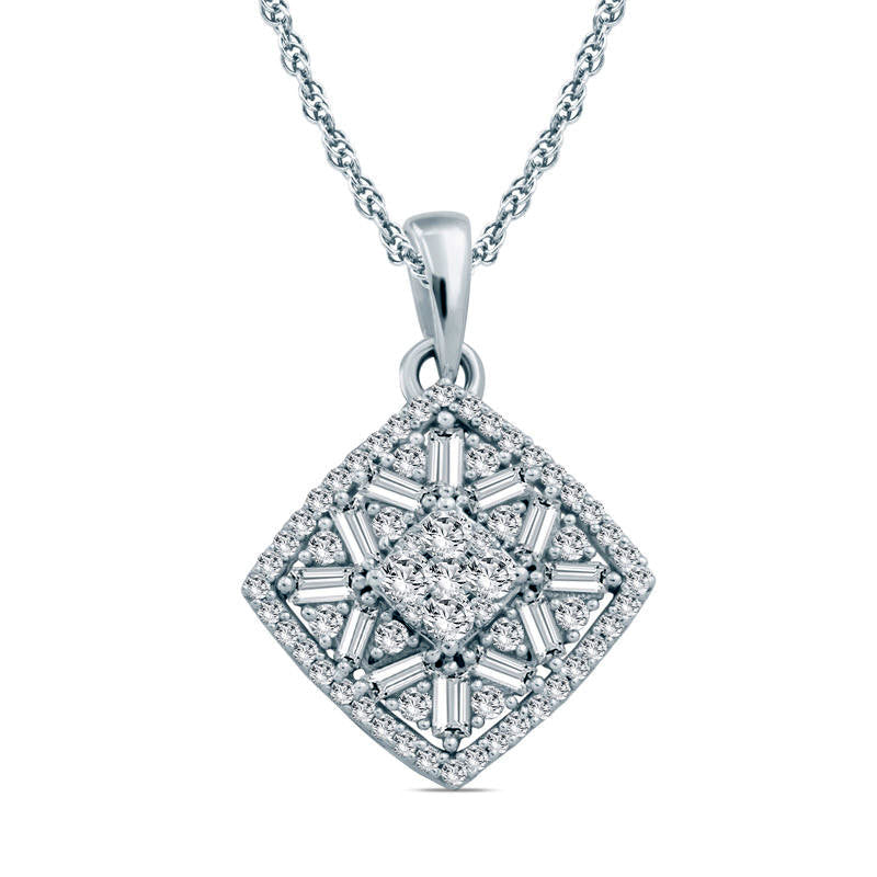 0.5 CT. T.W. Composite Baguette and Round Natural Diamond Tilted Cushion Frame Pendant in 10K White Gold