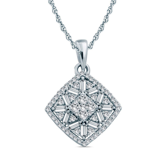 0.5 CT. T.W. Composite Baguette and Round Natural Diamond Tilted Cushion Frame Pendant in 10K White Gold