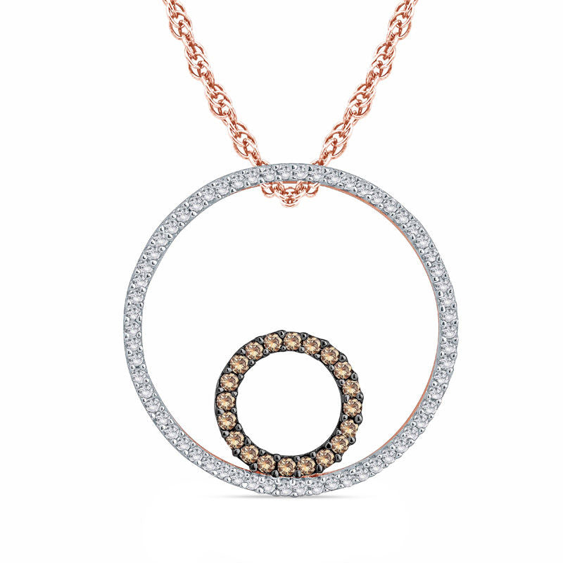 0.2 CT. T.W. Champagne and White Natural Diamond Double Circle Pendant in 10K Rose Gold