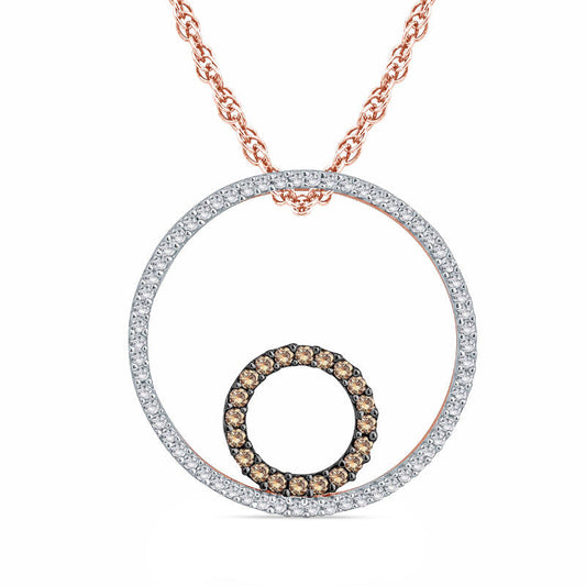 0.2 CT. T.W. Champagne and White Natural Diamond Double Circle Pendant in 10K Rose Gold