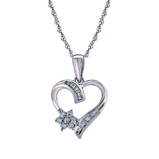 0.2 CT. T.W. Natural Diamond Baguette and Round Heart Pendant in 10K White Gold