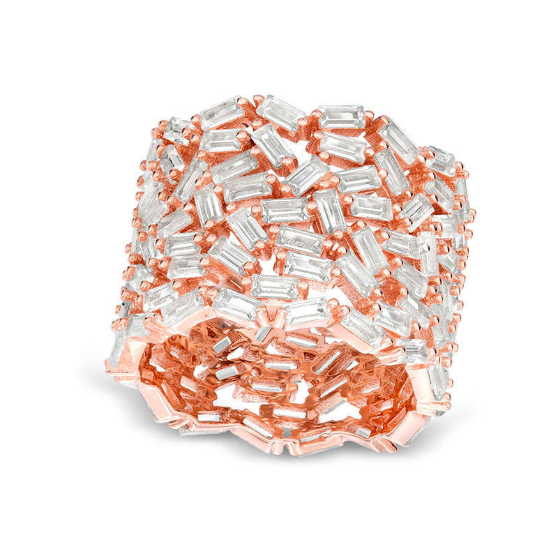Baguette Lab-Created White Sapphire Multi-Row Cluster Band in Sterling Silver with Solid 14K Rose Gold Plate