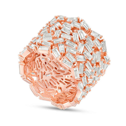 Baguette Lab-Created White Sapphire Multi-Row Cluster Band in Sterling Silver with Solid 14K Rose Gold Plate