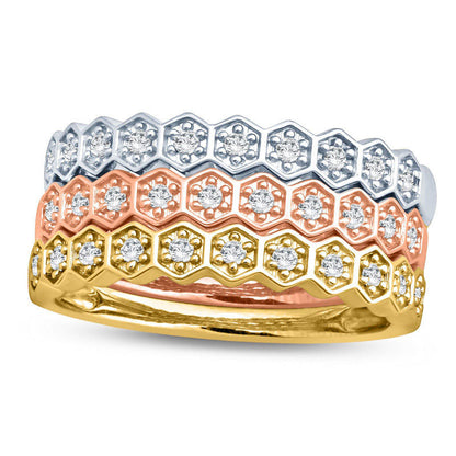 0.25 CT. T.W. Natural Diamond Honeycomb Three Piece Stackable Band Set in Solid 10K Tri-Tone Gold