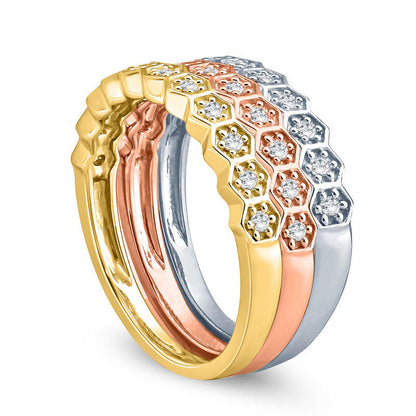 0.25 CT. T.W. Natural Diamond Honeycomb Three Piece Stackable Band Set in Solid 10K Tri-Tone Gold