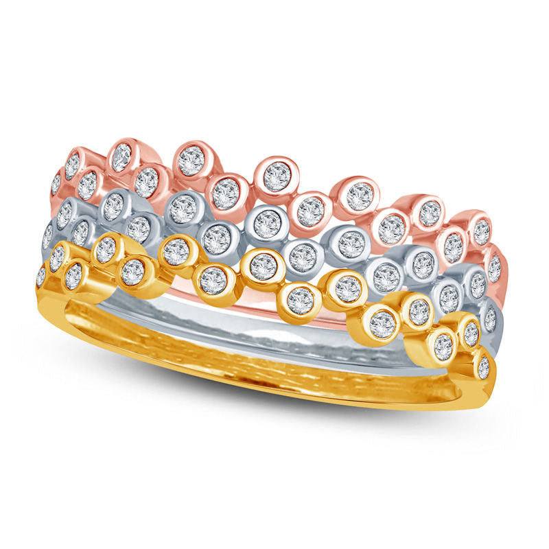 0.33 CT. T.W. Natural Diamond Zig-Zag Three Piece Stackable Band Set in Solid 10K Tri-Tone Gold