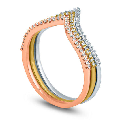 0.33 CT. T.W. Natural Diamond Chevron Three Piece Stackable Band Set in Solid 10K Tri-Tone Gold
