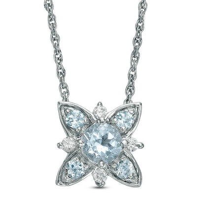 Aquamarine and 0.05 CT. T.W. Natural Diamond Flower Necklace in Sterling Silver