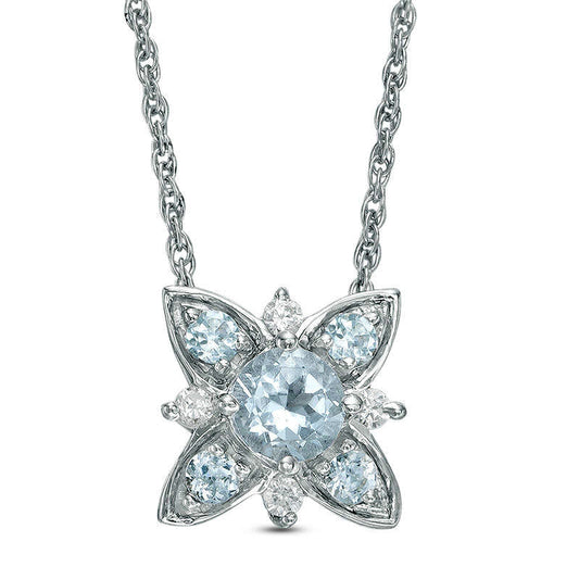 Aquamarine and 0.05 CT. T.W. Natural Diamond Flower Necklace in Sterling Silver