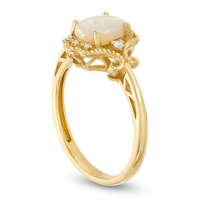 Oval Opal and 0.05 CT. T.W. Natural Diamond Filigree Antique Vintage-Style Ring in Solid 14K Gold