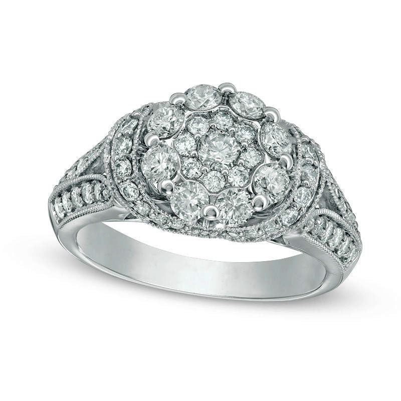 1.33 CT. T.W. Natural Diamond Flower Antique Vintage-Style Engagement Ring in Solid 14K White Gold
