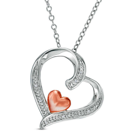 Natural Diamond Accent Tilted Double Heart Pendant in Sterling Silver with 14K Rose Gold Plate