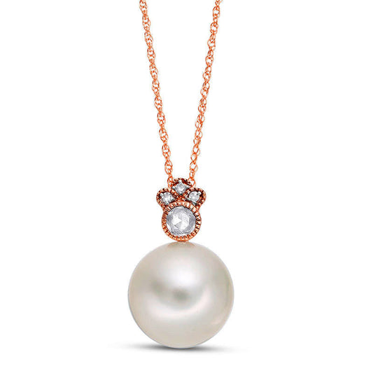Cultured Freshwater Pearl, White Sapphire and Natural Diamond Accent Antique Vintage-Style Pendant in 10K Rose Gold - 17