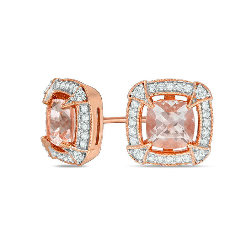 6.0mm Morganite, Lab-Created White Sapphire and 0.2 CT. T.W. Diamond Vintage-Style Frame Stud Earrings in 10K Rose Gold