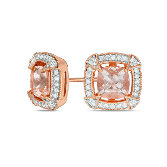 6.0mm Morganite, Lab-Created White Sapphire and 0.2 CT. T.W. Diamond Vintage-Style Frame Stud Earrings in 10K Rose Gold