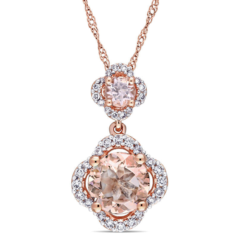 Morganite and 0.2 CT. T.W. Natural Diamond Clover Frame Double Drop Pendant in 14K Rose Gold - 17
