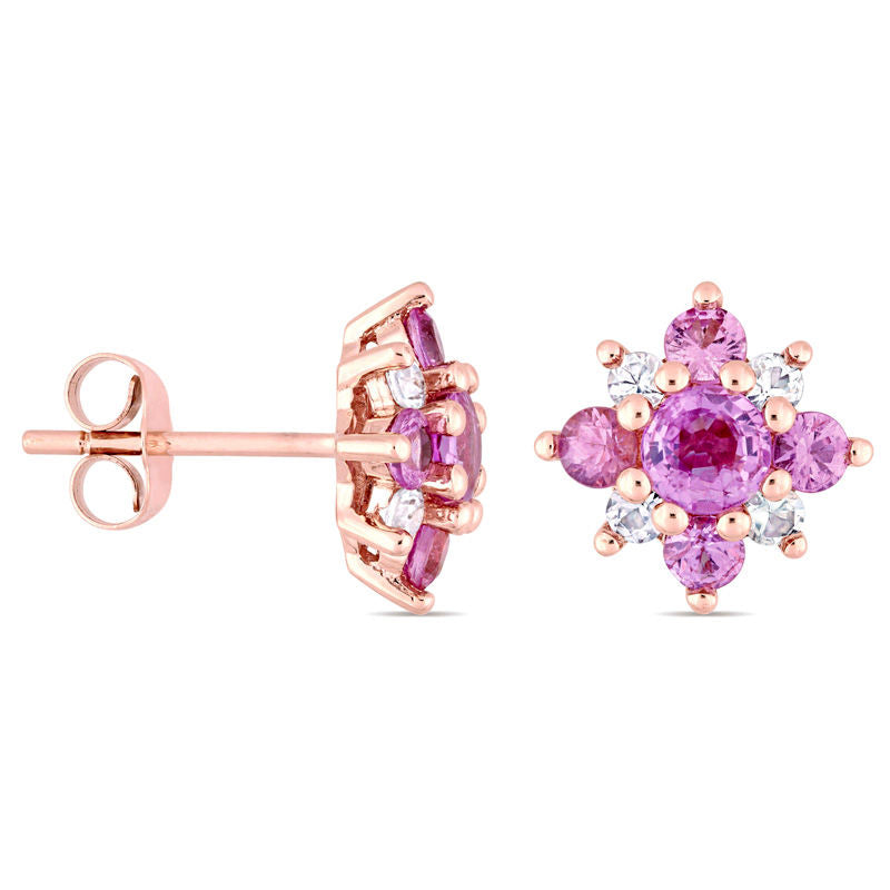 Pink and White Sapphire Flower Stud Earrings in 14K Rose Gold